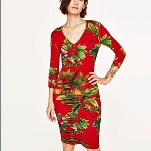 Zara tropical print ruched plunge neck dress